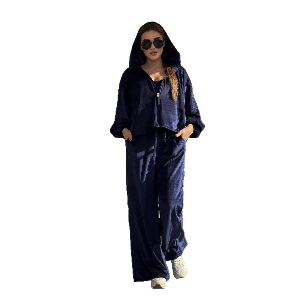 Damen Cropped Samt-Hoodie mit weitem Arm und High-Waist Jogginghose im Lounge-Set Drune