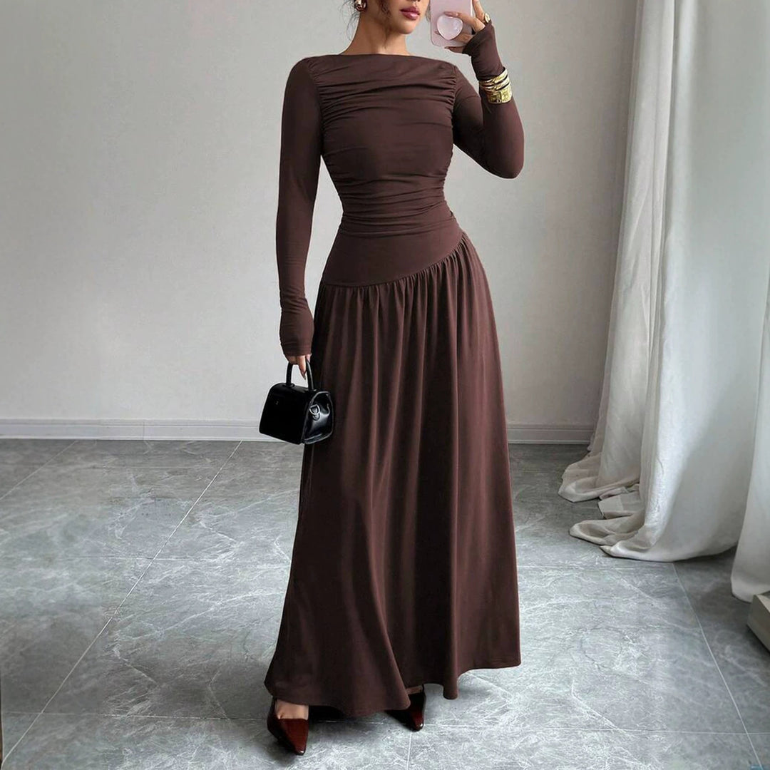 Damen Maxikleid mit gerafftem Oberteil, tailliertem Bund und Langarm Drune
