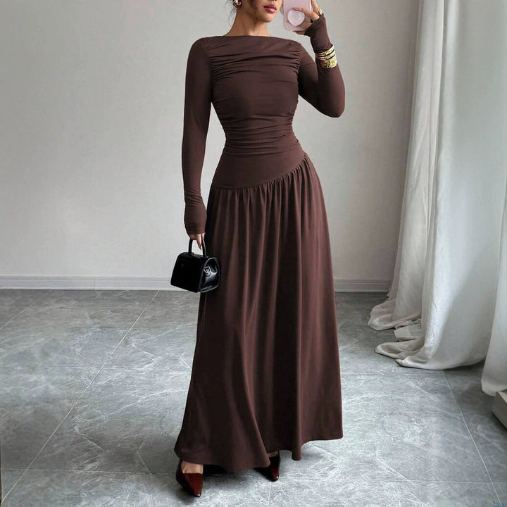 Damen Maxikleid mit gerafftem Oberteil, tailliertem Bund und Langarm Drune