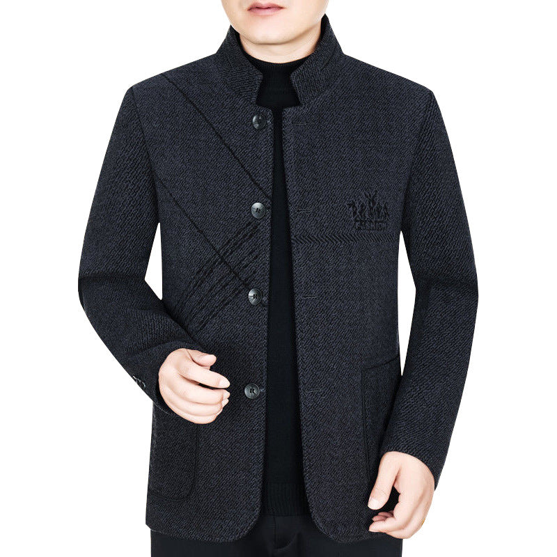 Herren Stehkragen-Mantel aus strukturierter Wollmischung mit schmaler Silhouette Drune