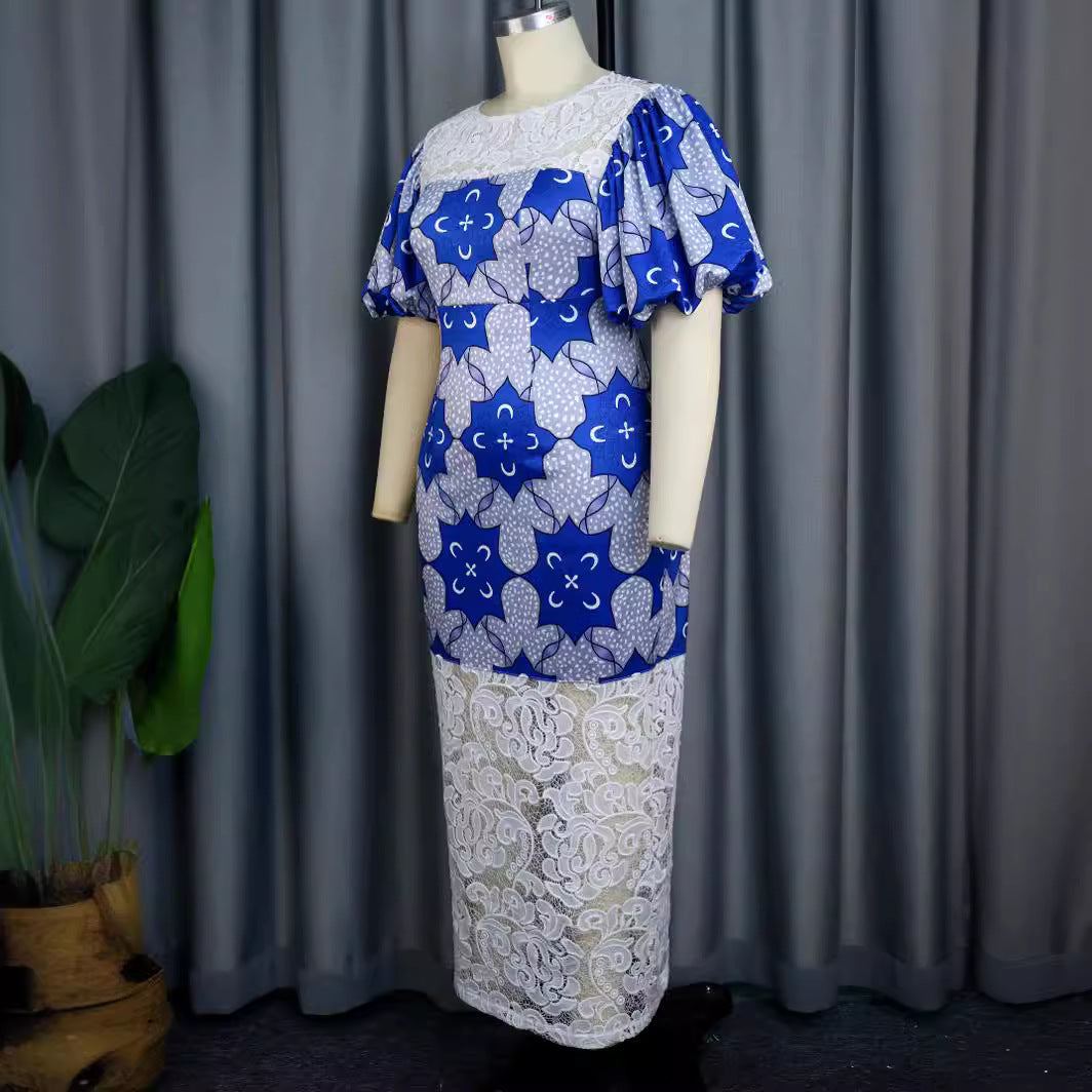 Damen Elegantes Langarmkleid mit ausgefallenen Puffärmeln und Spitzenbesatz Drune