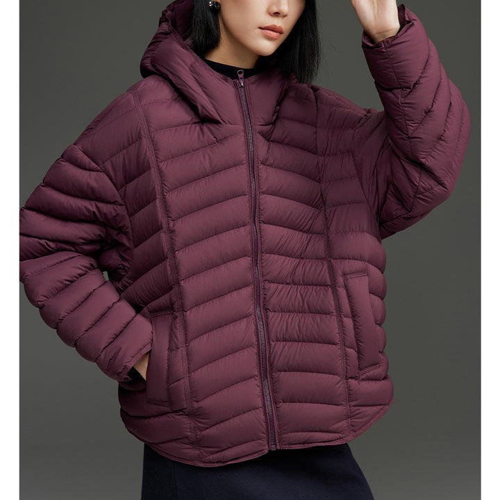 Damen Ultraleichte gesteppte Daunenjacke mit Kapuze und winddichter Außenhülle Drune