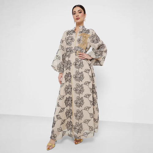 Damen Besticktes Maxikleid im Kaftan-Stil mit Reißverschluss, Taillengürtel und Ballonärmeln Drune