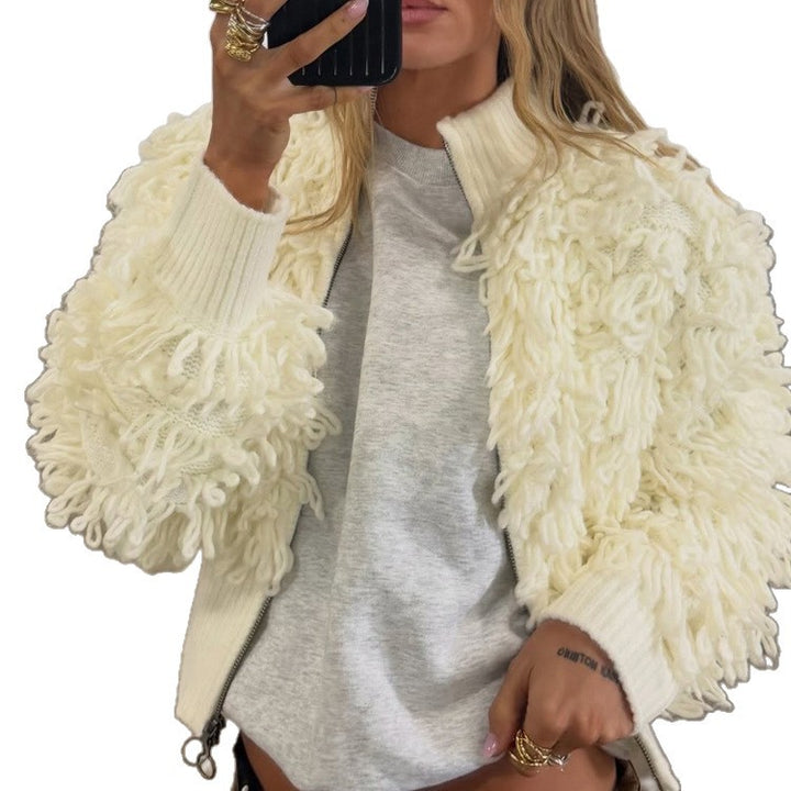 Damen Kurze Strickjacke mit puscheliger Bouclé-Optik, Reißverschluss und breitem Rippenbund Drune