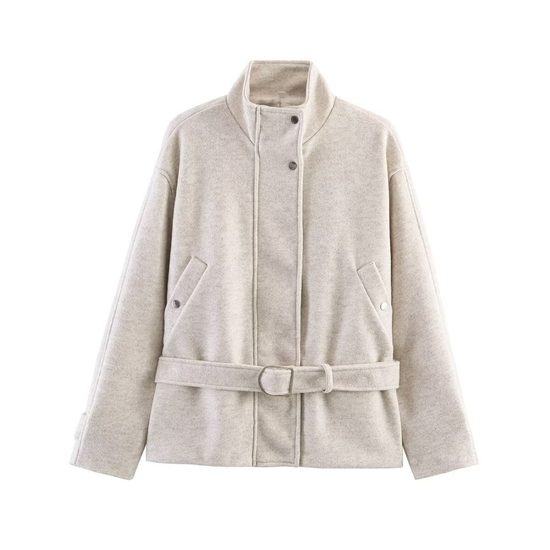 Damen Boxy-Wolljacke mit Stehkragen, verdeckter Druckknopfleiste und D-Ring Taillengürtel Drune