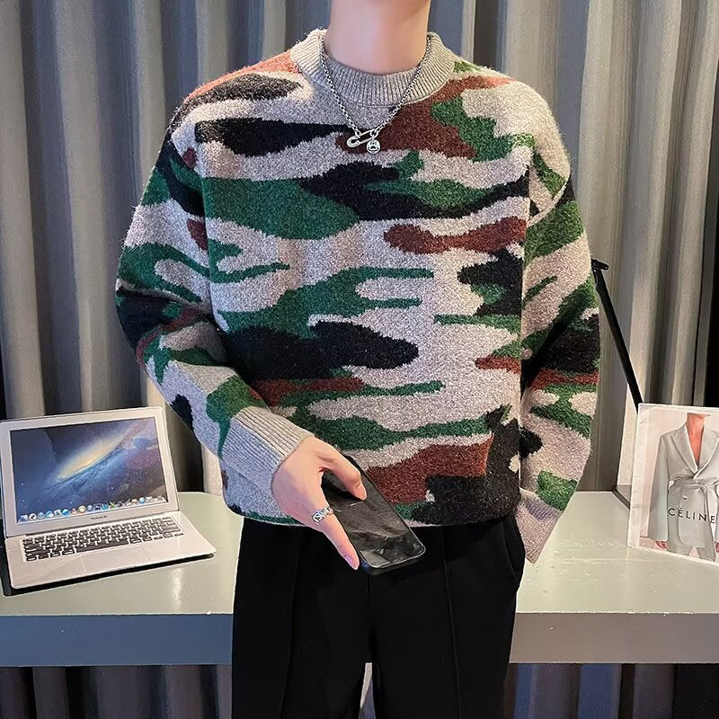 Herren Gemütlicher Grobstrickpullover mit Camouflage-Muster Drune