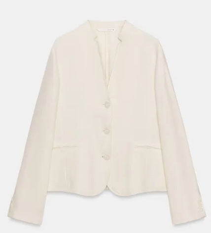 Damen Leichter kragenloser Blazerjacke mit V‑Ausschnitt, drei‑Knopfverschluss und aufgesetzten Taschen Drune