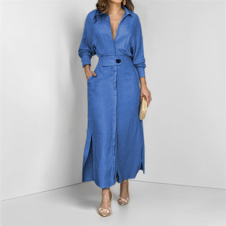 Damen stilvolles Maxikleid mit Hemdkragen und seitlichen Schlitzdetails Drune
