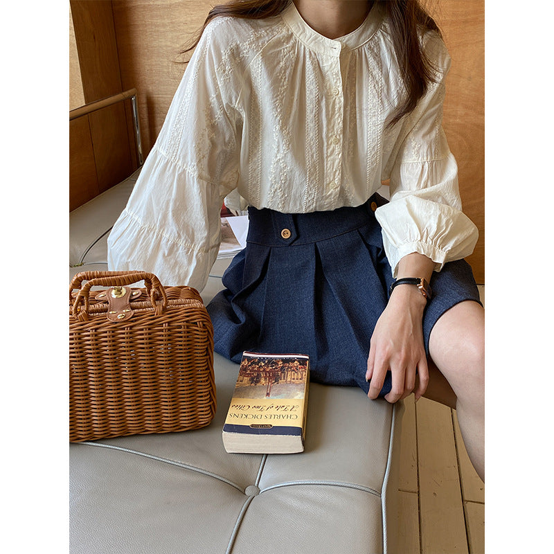 Damen Bluse mit Puffärmeln und feinem Stickdesign Drune