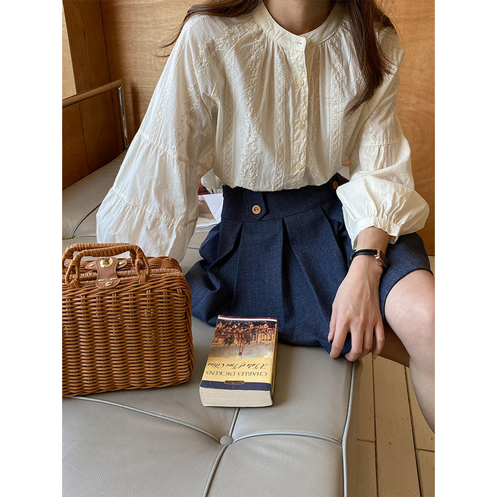 Damen Bluse mit Puffärmeln und feinem Stickdesign Drune