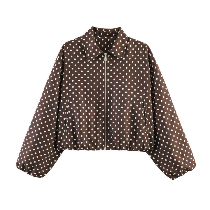 Damen Gepunktete Cropped-Bomberjacke im Retro-Look mit Hemdkragen und elastischem Saum Drune