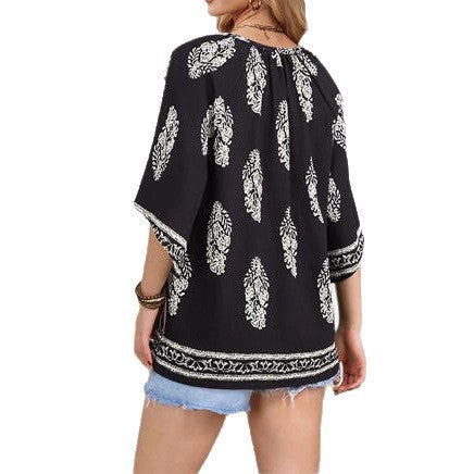 Damen Lockeres Strand-Tunika-Oberteil mit V‑Ausschnitt und Boho‑Print Drune