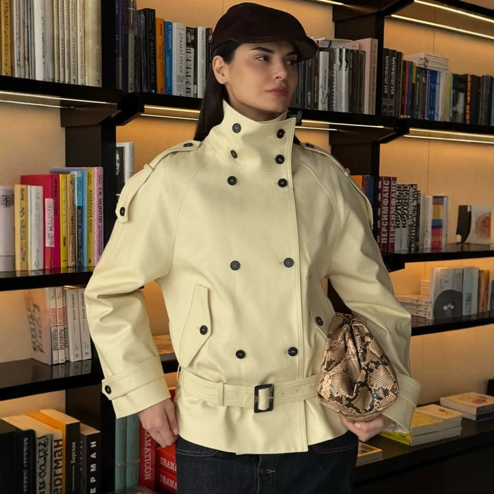 Damen Kurzer Doppelreiher-Mantel mit Cape-Ärmeln und Taillengürtel Drune