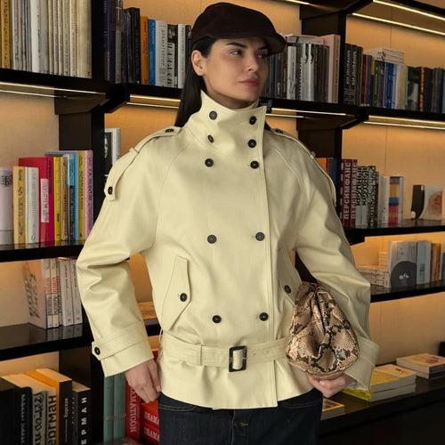 Damen Kurzer Doppelreiher-Mantel mit Cape-Ärmeln und Taillengürtel Drune