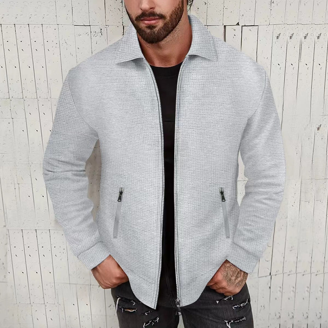 Herren minimalistische Stehkragen-Feinstrick-Übergangsjacke mit Zwei-Wege-Reißverschluss und verdeckten Reißverschlusstaschen Drune