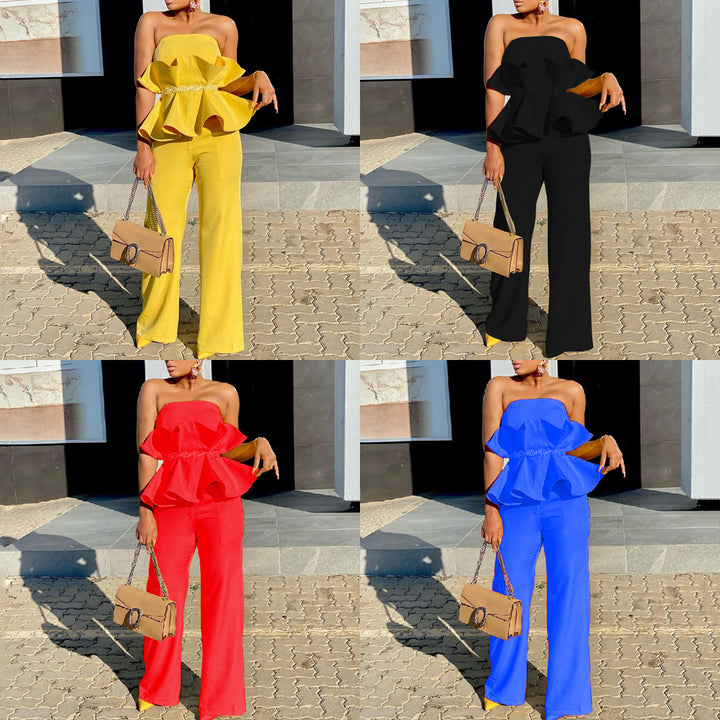 Damen Jumpsuit mit voluminösem Rüschendesign und schulterfreiem Oberteil Drune