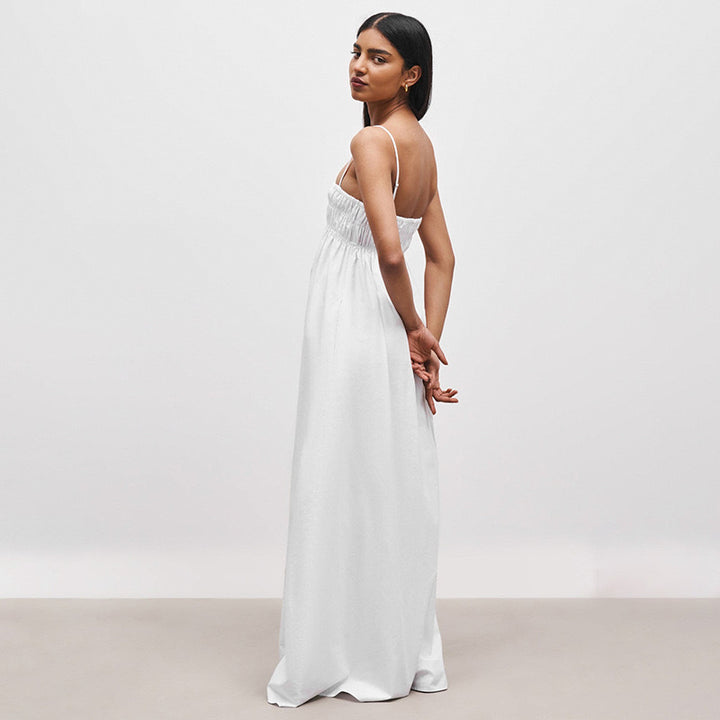 Damen luftiges Maxi-Kleid mit elastischem Oberteil und praktischen Taschen Drune