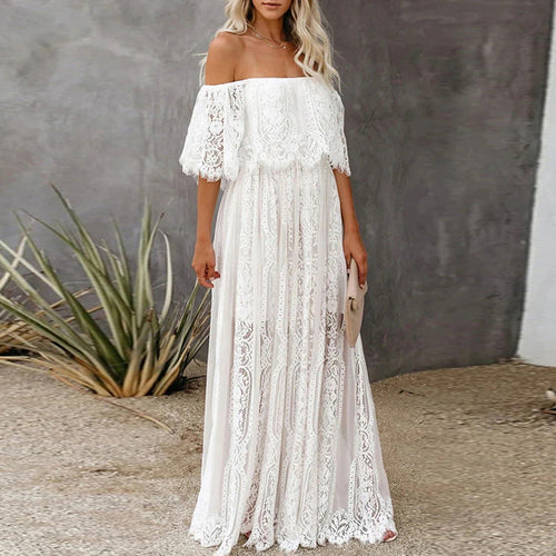 Damen Maxikleid mit eleganter Spitze und schulterfreiem Design Drune