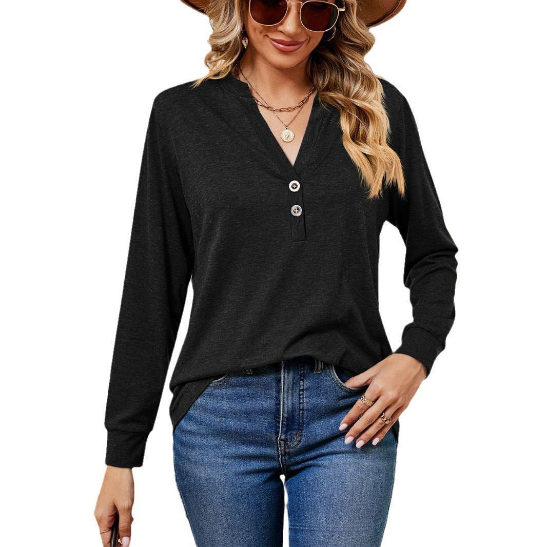 Damen Langarmtop mit modischem Henley-Ausschnitt und Knopfdesign Drune