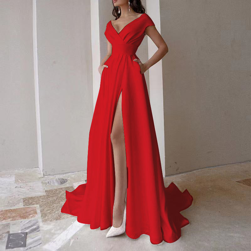 Damen elegantes Maxikleid mit tiefem V-Ausschnitt und seitlichem Schlitz Drune