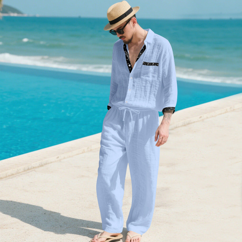 Herren Leinenoptik-Loungewear-Set mit Kordelzughose und offenem Hemdjacke Drune