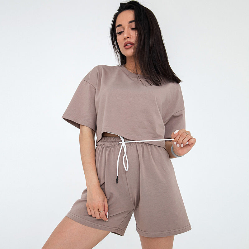Damen Zweiteiliges Cropped-Lounge-Set aus Baumwolljersey mit elastischer Kordelzug-Shorts Drune