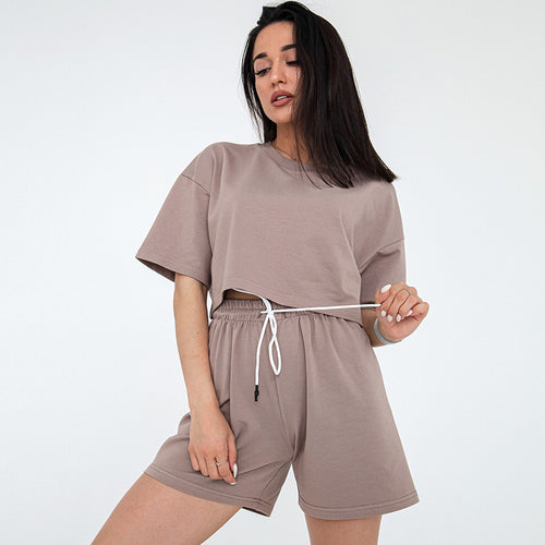 Damen Zweiteiliges Cropped-Lounge-Set aus Baumwolljersey mit elastischer Kordelzug-Shorts Drune