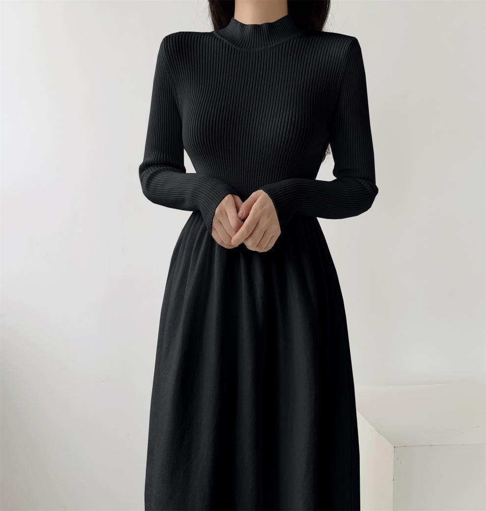 Damen elegantes Strickkleid mit hohem Kragen und fließendem Rock Drune