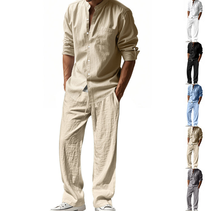Herren nan legeres Leinen-Relax-Set mit Stehkragen-Hemd und weitem Kordelbund-Hose Drune