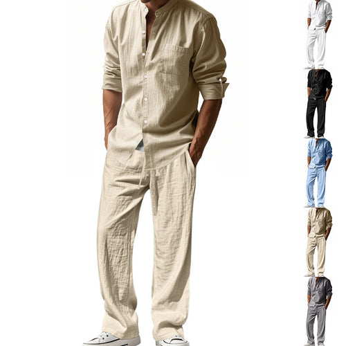 Herren nan legeres Leinen-Relax-Set mit Stehkragen-Hemd und weitem Kordelbund-Hose Drune