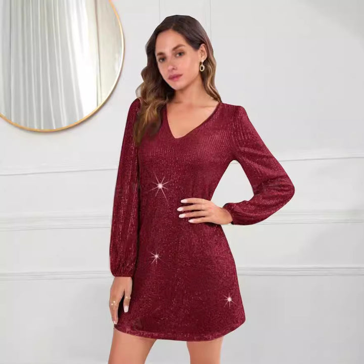 Damen Glitzerndes Minikleid mit V-Ausschnitt und langen Ärmeln Drune