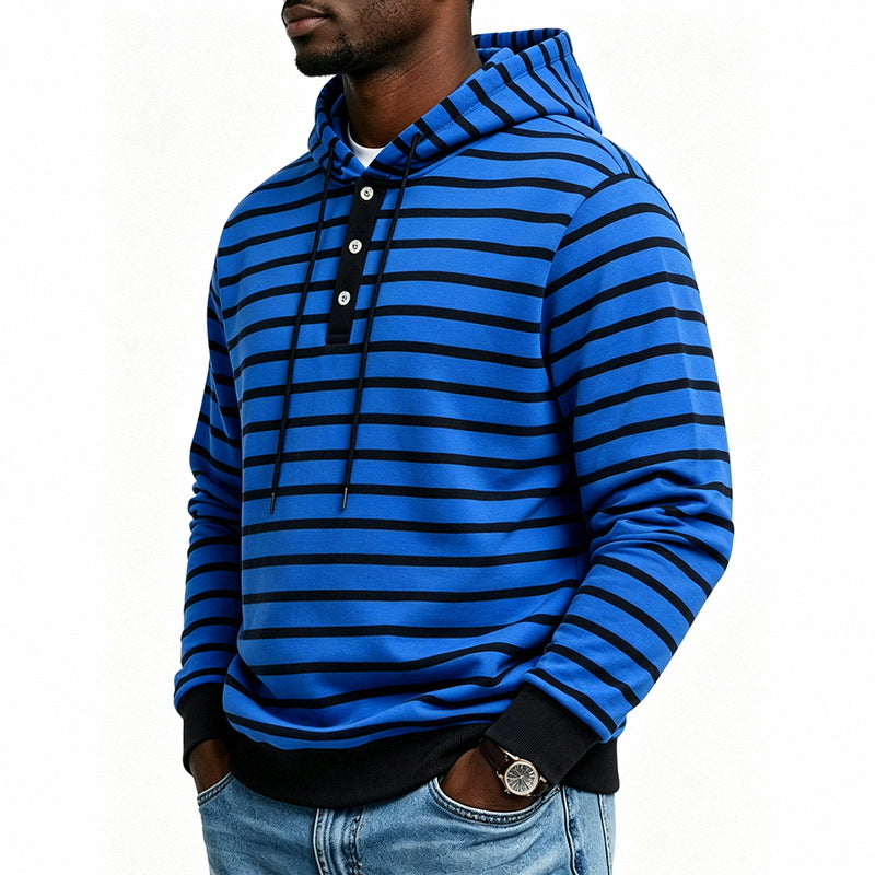 Herren Kapuzenpullover mit Henley-Knopfleiste und feinem Streifenstrukturmuster Drune