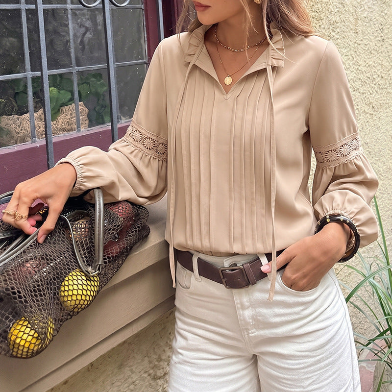 Damen Elegante Bluse mit Rüschendetails und Spitzenakzenten Drune