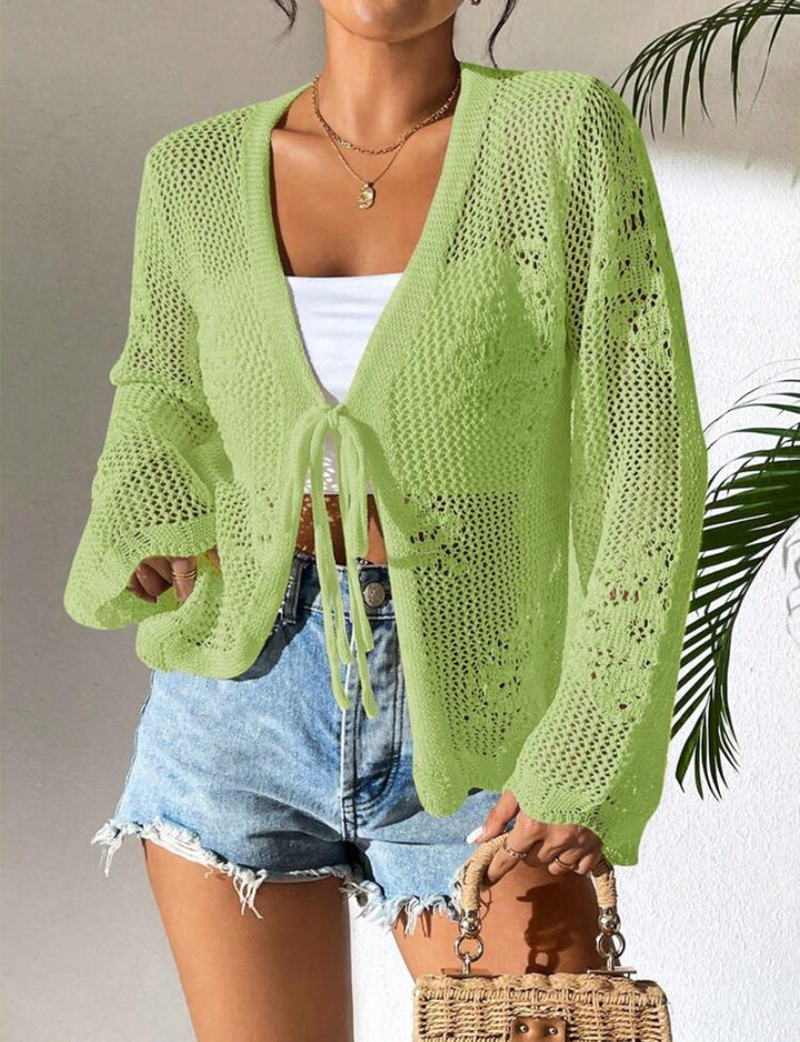 Damen Strickjacke mit luftiger Häkelstruktur und Bindeverschluss Drune
