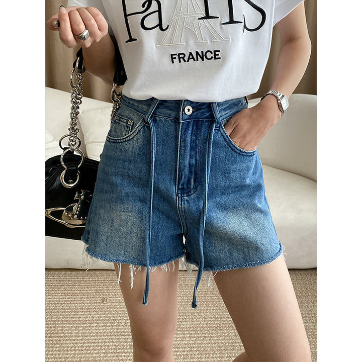 Damen hohe Taillen Jeansshorts mit dekorativen Schnürdetails und fransigem Saum Drune