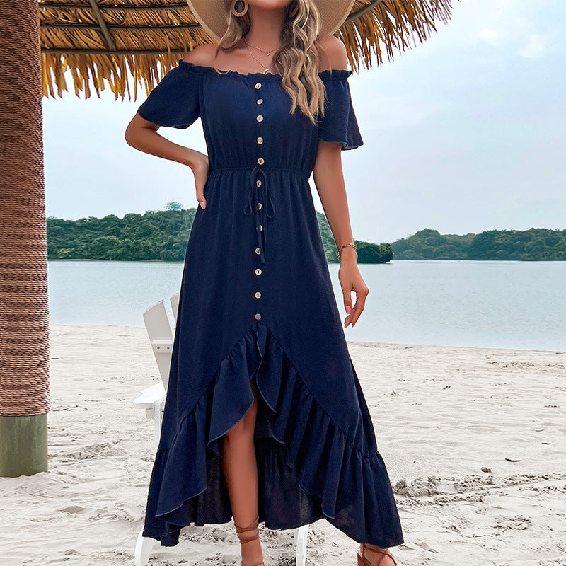 Damen Maxikleid mit schulterfreiem Design und knöpfbarem Frontbereich Drune