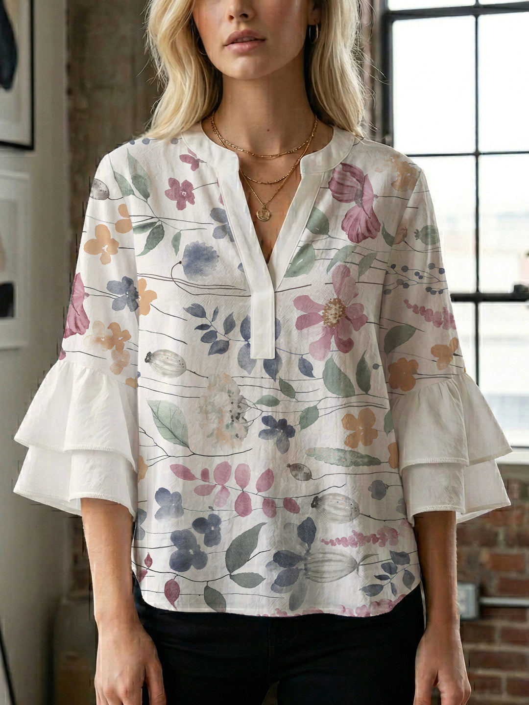 Damen Bluse mit voluminösen Ärmeln und floralem Design Drune