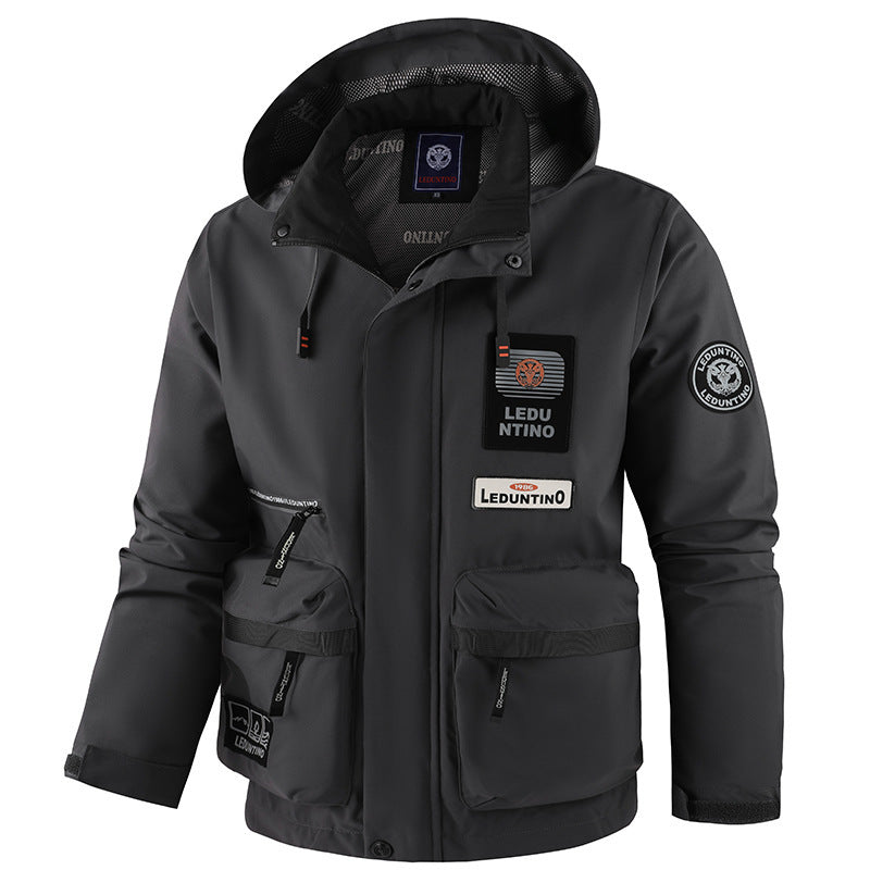 Herren nan technische Fieldjacke mit Kapuze und multifunktionalen Taschen, wasserabweisende Softshell Drune