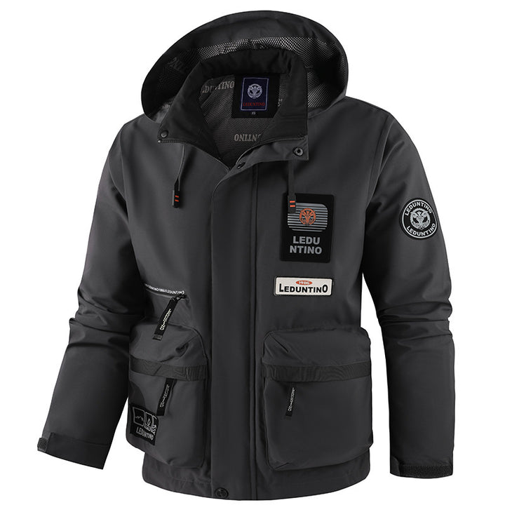 Herren nan technische Fieldjacke mit Kapuze und multifunktionalen Taschen, wasserabweisende Softshell Drune