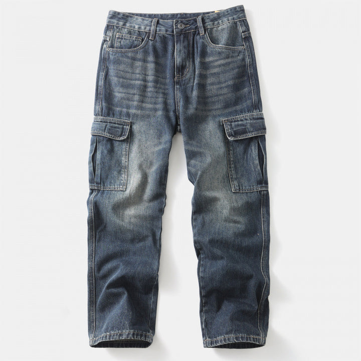 Herren Cargo-Jeans mit aufgesetzten Beintaschen und Used-Waschung Drune