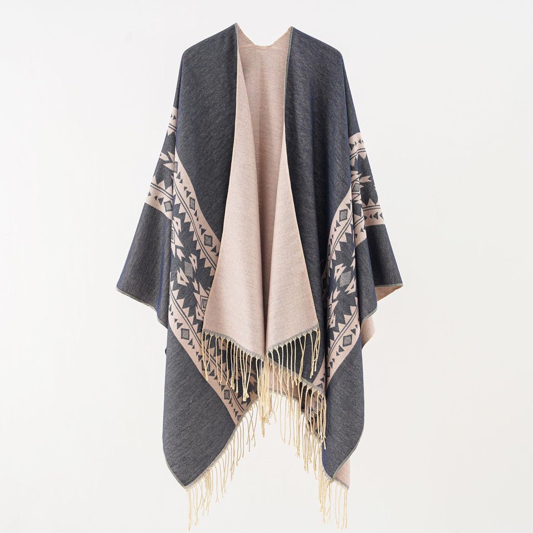 Damen Oversize Fransen-Poncho aus Jacquard-Baumwollmischung Drune