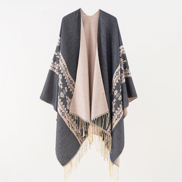 Damen Oversize Fransen-Poncho aus Jacquard-Baumwollmischung Drune