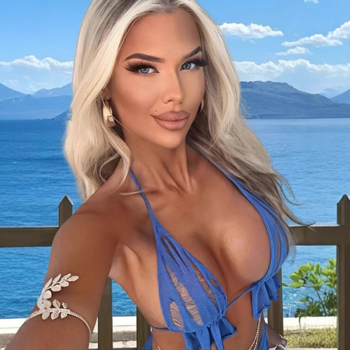 Damen Transparente Strandkleid Kombination mit Rüschen und Bindebändern Drune