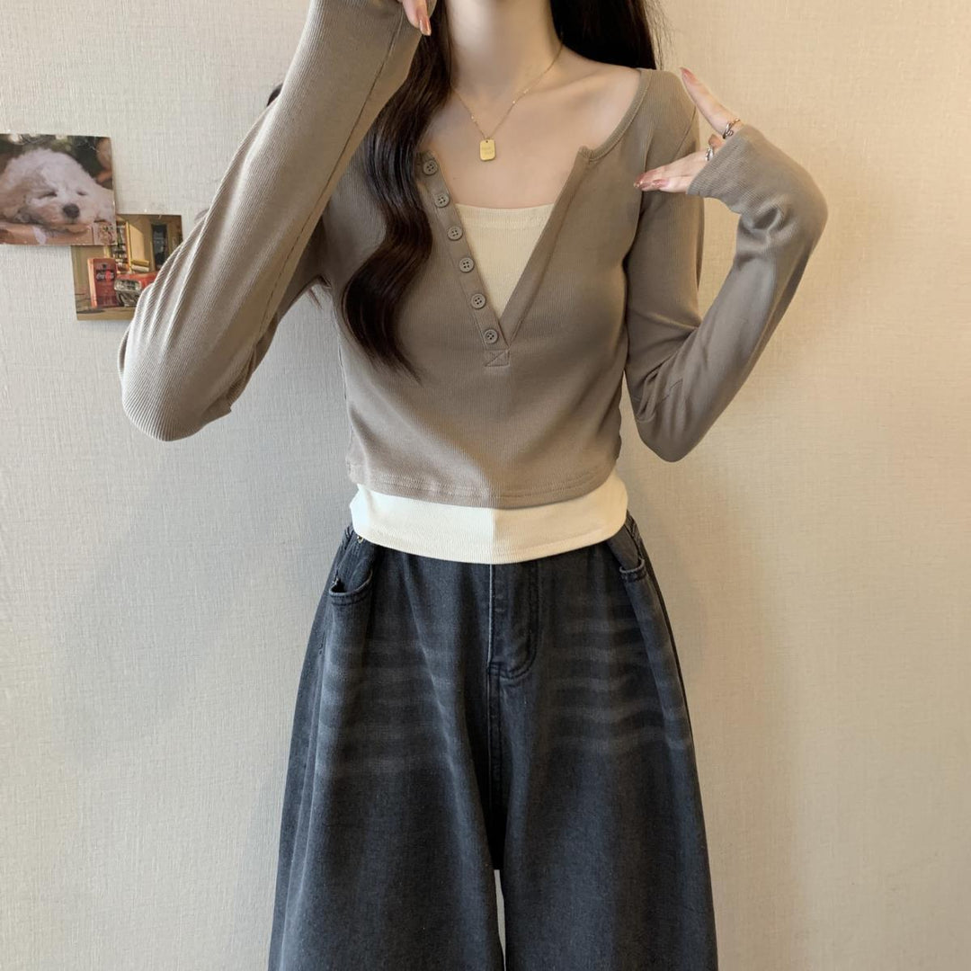Damen Langarmshirt mit Knopfleiste und Rundhalsausschnitt Drune