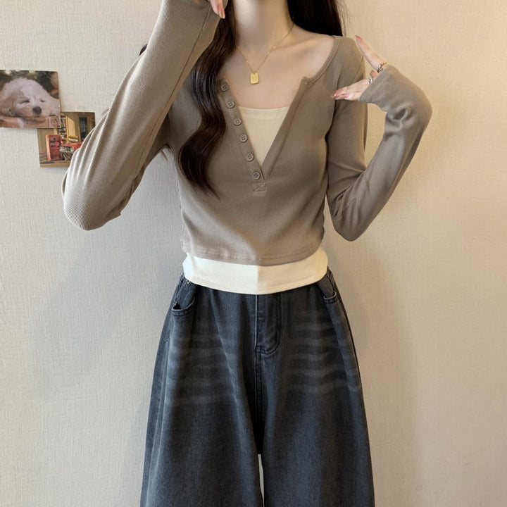Damen Langarmshirt mit Knopfleiste und Rundhalsausschnitt Drune