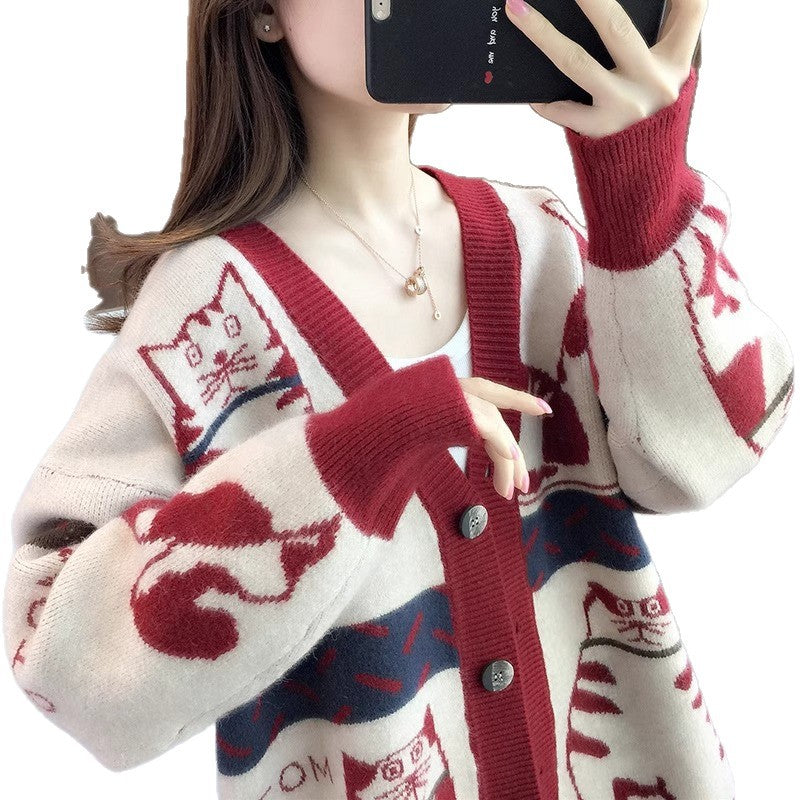 Damen Verspielte Cardigan mit Katzenmuster Drune