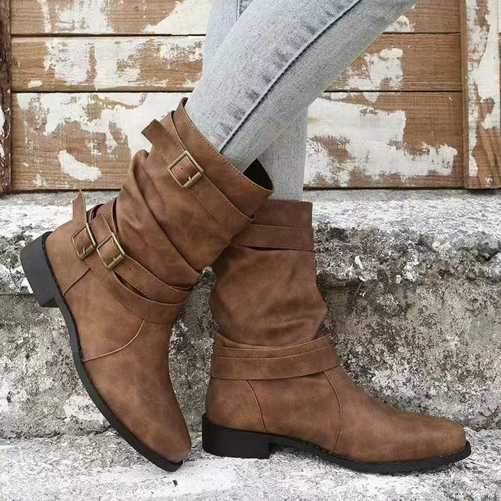 Damen nan lässiger mittlerer Schaftstiefel mit weichem Slouch-Effekt, dekorativen Schnallenriemen und robustem Blockabsatz Drune