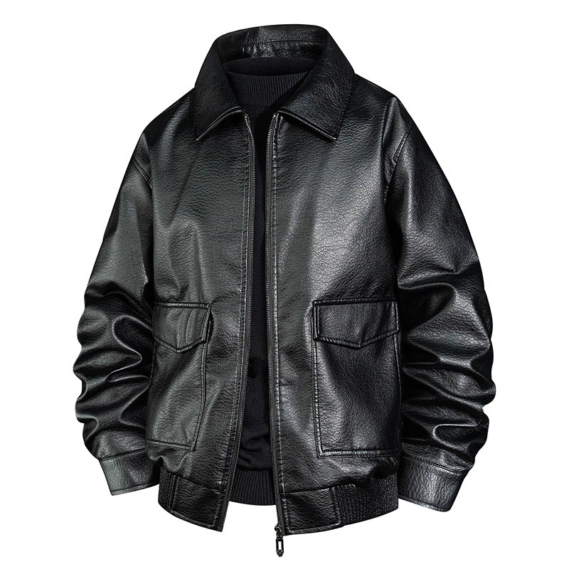 Herren Lässige Kunstlederjacke mit Kragen und Taschen Drune