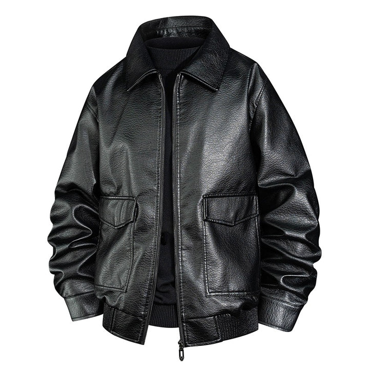 Herren Lässige Kunstlederjacke mit Kragen und Taschen Drune
