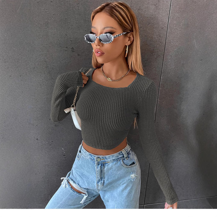 Damen Figurbetontes Cropped‑Waffel‑Stricktop mit U‑Boot‑Ausschnitt Drune